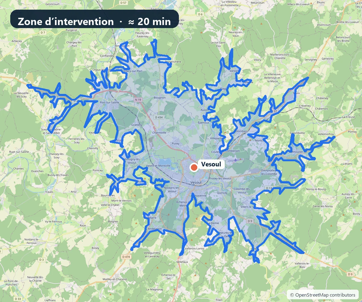 Carte de Vesoul montrant le périmètre d’intervention routier d’environ 20 minutes